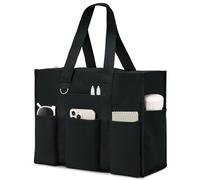 Becokan Large Fabric Bag for Women Waterproof with 12 Pockets Top Zip Closure Tool Teacher Nurse Bags for Work School, black, Large