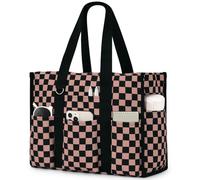 Becokan Large Tote Bag for Women Waterproof with 12 Pockets Top Zipper Closure Utility Teacher Nurse Bags for Work School, Khaki Checkered, L