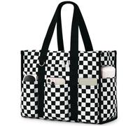 Becokan Large Tote Bag for Women Waterproof with 12 Pockets Top Zipper Closure Utility Teacher Nurse Bags for Work School, Black White Checkerboard, M