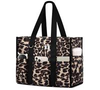 Becokan Large Tote Bag for Women Waterproof with 12 Pockets Top Zipper Closure Utility Teacher Nurse Bags for Work School, Khaki Leopard, L