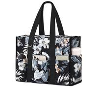 Becokan Large Tote Bag for Women Waterproof with 12 Pockets Top Zipper Closure Utility Teacher Nurse Bags for Work School, Flower, L