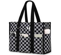 Becokan Large Tote Bag for Women Waterproof with 12 Pockets Top Zipper Closure Utility Teacher Nurse Bags for Work School, Dark Gray Checkered, L