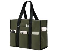 Becokan Utility Large Tote Bag with 12 Pockets Top Zipper Closure & Thick Bottom Support Work Bags for Women Nurse Teacher, Army Green, L