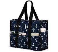 Becokan Utility Large Tote Bag with 12 Pockets Top Zipper Closure & Thick Bottom Support Work Bags for Women Nurse Teacher, Anchor, L