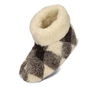 BeComfy Woman Men Warm Wool Slippers - Unisex - Sheep Wool with Anti-Slip Sole | Multicolour Beige, Checked, Grey | 3.5 UK - 11.5 UK (Checkered, numeric_10_point_5)