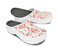 BeComfy Women's Men's EVA Clogs Comfortable Ultralight Garden Shoes with Moro or Floral Print 36-46 EU, White flowers, 5 UK
