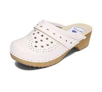 BeComfy Women's Wooden Clogs Leather Clogs with Wooden Sole Genuine Leather Wooden Clogs Flowers Blue White 35-41 EU, White stars, 6 UK