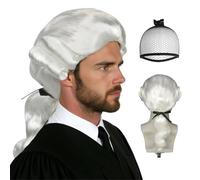 BECULINA Judge Colonial Wig 【+Hair Cap】 White Curly Lawyer Wig for Men Long White Wavy Cosplay Wigs for 18th Century Lawyer Costume Washington Wigs Halloween Costume Party Anime Outfit