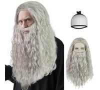 BECULINA Mens Grey Wizard Wig with Beard 【+Hair Cap】 Long Wavy Curly Funny Synthetic Cosplay Wig for Men Grey Crazy Beard Wigs for Halloween Cosplay Party Wizard Accessories Costume Outfit