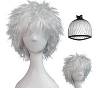 BECULINA Silver Spiky Wig with Hair Cap Mens Short White Layered Wigs with Bangs for Men Silver Messy Fluffy Cosplay Wig for Halloween Christmas Party Costume Outfit Hair