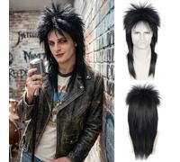BECUS 18 Inch Black Mens Wig Long Rocker Wig for Men 80s Cosplay