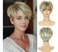 BECUS Ash Blonde Pixie Cut Wig with Bangs for Women, Short Fluffy Layered Synthetic Wig for Daily Wear, Party & Halloween
