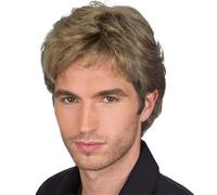 BECUS Mens Wigs with Side Part Bangs Short Blonde Wig Mix Brown Dark Root Layer Cut Short Curly Wigs for Men Daily Use(Golden Brown)