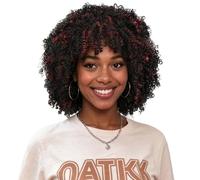 BECUS Short Curly Afro Wig Black with Red Highlights, 70s Disco Kinky Curly Synthetic Fluffy Wig for Women, Retro Carnival Fancy Dress Cosplay Party Halloween Wig(10 Inch)