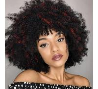 BECUS Short Curly Afro Wig for Black Women Black with Red Highlights Curly Wigs Afro Wigs Kinky Curly Synthetic Fluffy Wig 10 Inch Natural Protective Style Halloween Cosplay Party