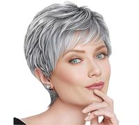 BECUS Short Grey Pixie Wig with Fringe for Women, Old Lady Wig, Silver Grey Hair Wigs, Fluffy Layered Synthetic Hair, Black and Grey Wigs, Daily Wear and Special Occasions (Ombre Silver Grey)