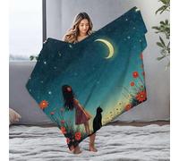 Bed Blankets Girl In Floral Dress With Cat Under Crescent Moon Flannel Blanket Large Throw Blanket Puppy Blanket(150x200cm)