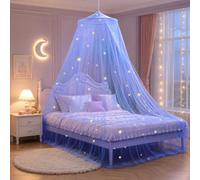 Bed Canopy Girls & 100 Glow Star Stickers, Round Dome Princess Canopy Blue | Fine Mesh Mosquito Net for Single Twin Full Queen King Size 60x250x1250cm, Glow in the Dark Stars, Girls' Bedroom Decoration