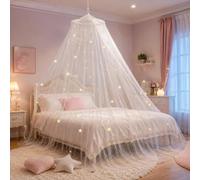 Bed Canopy Girls & 100 Glow Star Stickers, Round Dome Princess Canopy White | Fine Mesh Mosquito Net for Single Twin Full Queen King Size 60x250x1250cm, Glow in the Dark Stars, Girls' Bedroom Decoration