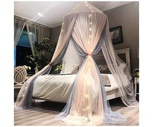 Bed Canopy Romantic Princess Universal Ceiling Dome Fantasy Netting Curtains Mosquito Net Hanging 2 Layers Ultra Dense Full Coverage Protection for Double Bed Beige Grey(Height:2.7M)