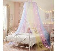 Bed Canopy with Lights for Girls - Double Layer Mesh Netting Princess Canopy, Starry Lights, Ruffle Lace Decor, Mosquito Net for Twin/Full/Queen/King Bed, Pastel Room Decor, Birthday Gift