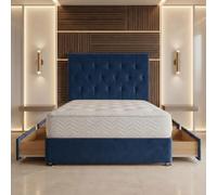 Bed Centre Ziggy Plush Double Divan Bed Set with 24 cm Sprung Memory Foam Mattress, Headboard, 2 Drawers, Navy