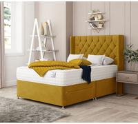 Bed Choices Deluxe Divan Bed With 2 drawers, Mattress & 54" Floor Standing Headboard - Plush Velvet in Mustard | Size: Double Bed Choices Mustard Double