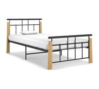 Bed Frame 90x200 Single Powder-Coated Metal Black & Solid Oak Light Brown Slats [EEK: A]