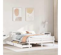 Bed Frame White 135x190cm Solid Pine Double Bed with Underbed Drawers & Slatted