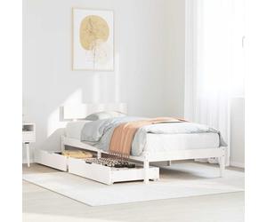 Bed frame White 90x190 cm Solid Pinewood Single with 2x Drawers & Slatted Base.