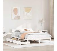 Bed frame White Solid Pinewood 140x190cm Slatted Base with 2x Underbed Drawers.
