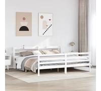 Bed frame white solid pinewood untreated 200x200 cm with headboard shelf rustic
