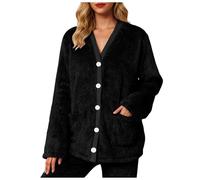 Bed Jacket, Ladies' Fleece Bed Jacket Bath Robes, Cozy Warm Embossed Button-Up Short House Coat with Two Front Pockets, V Neck Soft Lounge & Sleepwear Cardigan, S-3XL