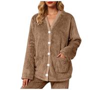 Bed Jacket, Ladies' Fleece Bed Jacket Bath Robes, Cozy Warm Embossed Button-Up Short House Coat with Two Front Pockets, V Neck Soft Lounge & Sleepwear Cardigan, S-3XL