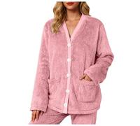 Bed Jacket, Ladies' Fleece Bed Jacket Bath Robes, Cozy Warm Embossed Button-Up Short House Coat with Two Front Pockets, V Neck Soft Lounge & Sleepwear Cardigan, S-3XL