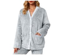 Bed Jacket, Ladies' Fleece Bed Jacket Bath Robes, Cozy Warm Embossed Button-Up Short House Coat with Two Front Pockets, V Neck Soft Lounge & Sleepwear Cardigan, S-3XL