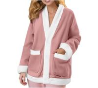 Bed Jackets Fleece For Women uk, Soft Casual Button Down V Neck Pyjamas Jacket Thickened Plush Home Wear Women's Comfortable Pocket Warm Sleep Tops Long Sleeve Winter Coat