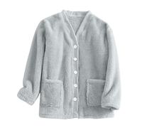 Bed Jackets for Women Fleece Bed Jackets for Women UK Soft Casual Button Down V Neck Pyjamas Jacket Thickened Plush Home Wear Comfy Nightwear with Pocket Warm Sleep Tops