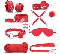 Bed Restraint for Queen Size Bed Straps for Adult Play BDSM Game Leather Bondaged Collars with Chain and Fuzzy Handcuffs Sex Accessories for Adults Couples Bedroom Toys Sweatshirt Red