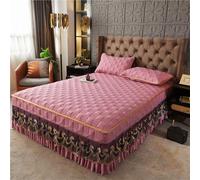 Bed Skirt Queen Luxurious Palace Double Ruffles Lace Quilted Soft Comfortable and Non-slip Dust Bedskirts 3 Piece Bedding Set (With Pillowcases)(Pink,150x200cm/Full)