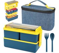 BED TIME UK 1400ml Lunch Box with 3 Compartments & 2 Layers - Leakproof Meal Prep Container with Insulated Bag & Cutlery, Microwave & Dishwasher Safe for Adults, Kids & Office (Blue)