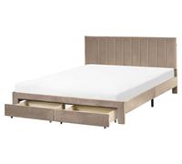 Beliani Bed With Storage Drawers Lonzac Velvet Taupe 160 X 200 Cm (Eu King Size)
