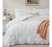 BEDAZZLED Comforter Set Queen Size, 3 Pieces Bed in a Bag Pinch Pleat Exquisite Comforter, Boho Down-Alternative Bedding with Ruffled Shams All Season Available, White (90"*88")