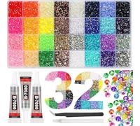 Bedazzling Kit with Rhinestones, Flat Back Nail Gems Crystals with Glue, Tweezers and Pen, Storage Box Included for DIY Crafts, Nail Art, Clothing, Shoes and Diamond Art Decorations (32 Colors)