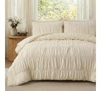 Bedbay 100% Cotton Ruched Duvet Cover Set King Size, Elegant Ivory Shabby Chic Bedding, Luxurious Textured Ruffled Comforter Cover with Zipper Closure & 8 Corner Ties, 3 Piece Set