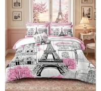 Bedbay Paris Bedroom Comforter Set King Size Eiffel Tower Bedding Set King Bed in a Bag 8 Pieces French Style Pink Flowers Bedding Girls Women Pink and Grey Comforter King Bed Set (Pink,King)