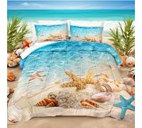 Bedbay Starfish Beach Comforter Set Ocean Bedding Set Aqua Blue Shell Beach Waves Nature Pattern Teal Comforter Queen 3 Pieces(Aqua,Queen)