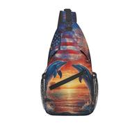 Bedbliss American Flag Dolphins Print Sling Bag Crossbody Shoulder Backpack Chest Bags Gym Travel Hiking Casual Daypack