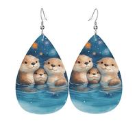 Bedbliss Blue Cute Otter Print Earrings For Women Leather Teardrop Dangle Earrings Jewelry Accessories