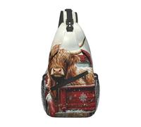 Bedbliss Highland Cow In Red Truck Print Sling Bag Crossbody Shoulder Backpack Chest Bags Gym Travel Hiking Casual Daypack